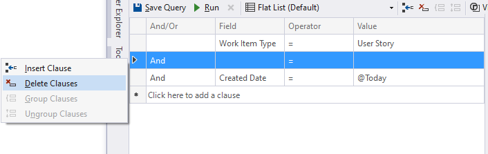 Captura de tela do Visual Studio Query Editor, menu de contexto para inserir e excluir cláusulas.