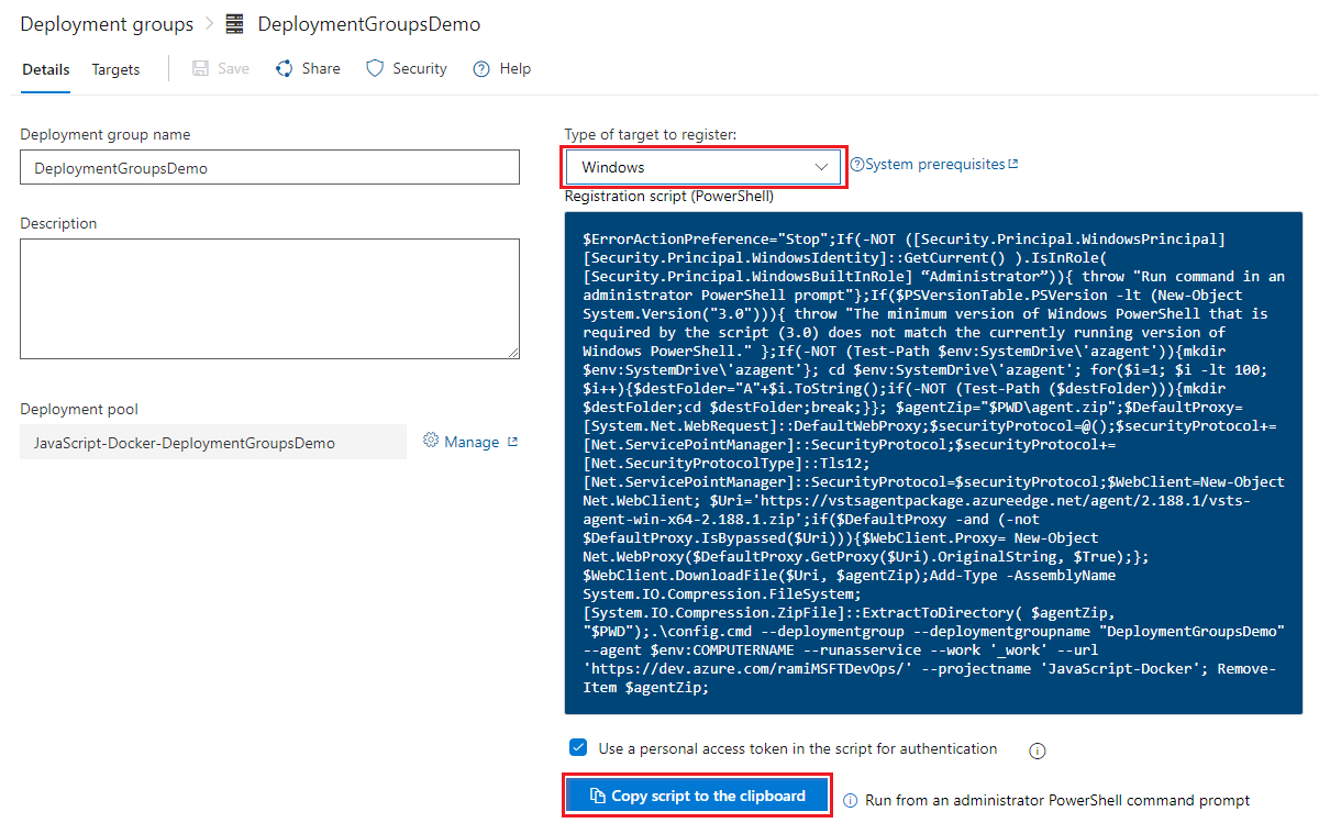 Captura de tela que mostra como criar um grupo de implantação no Azure Pipelines.