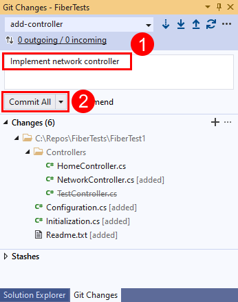 Captura de tela da opção 'Confirmar Tudo' na janela 'Alterações do Git' no Visual Studio.