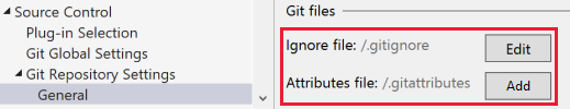 Captura de tela mostrando o botão Editar para os arquivos de ignore ou de atribuição no Visual Studio.