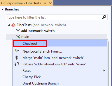 Captura de tela da opção Checkout na janela repositório Git do Visual Studio 2019.