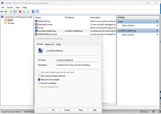 Captura de tela mostra o usuário local recém-criado e o acesso.