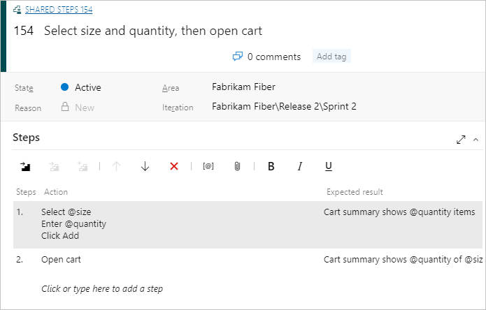 Captura de tela que mostra o novo item de trabalho com as etapas compartilhadas.
