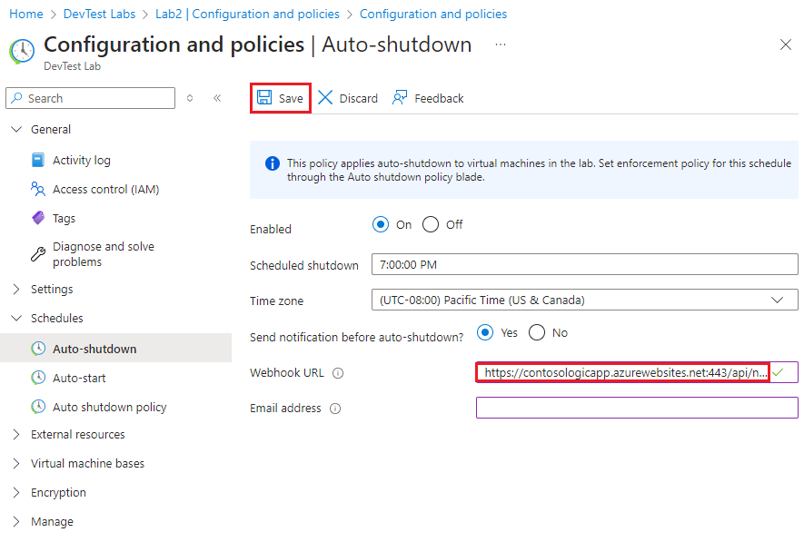 Captura de tela mostrando colar a URL do webhook nas configurações de desligamento automático.