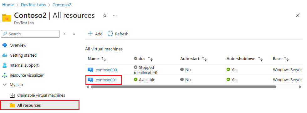 Captura de tela que mostra uma VM selecionada na página de visão geral de um laboratório.