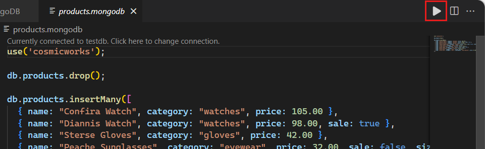 Captura de tela do botão 'Executar tudo' em um ambiente de testes para a extensão do MongoDB.