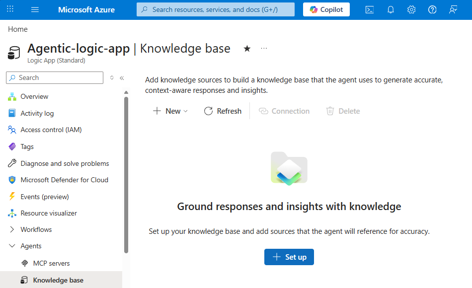 A captura de tela mostra o portal do Azure, o recurso Aplicativo Lógico Standard, a seção expandida da barra lateral Agentes com Base de conhecimento selecionada e a opção de configuração.