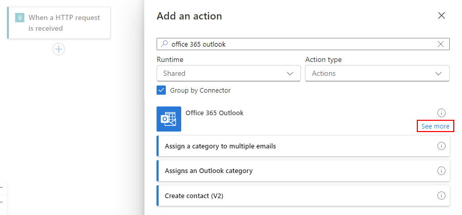 A captura de tela mostra o designer de fluxo de trabalho e o painel Adicionar uma ação com os resultados da pesquisa de ações e Visualizar mais opções selecionadas.