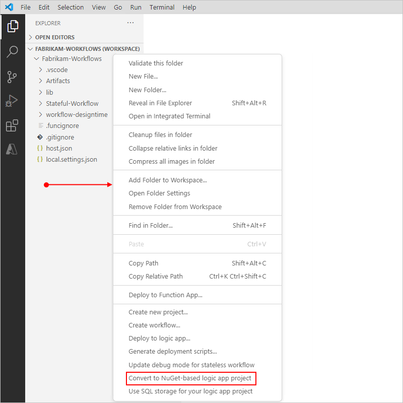 A captura de tela mostra o painel do Explorer com o menu de atalho do projeto aberto a partir da área em branco abaixo do projeto.