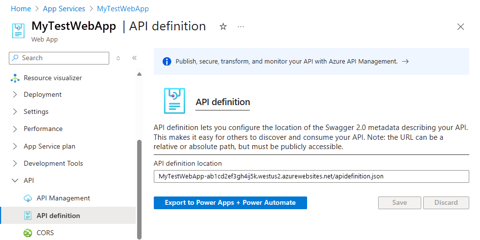 A captura de tela mostra o portal do Azure, a página de definição de API do aplicativo Web e a URL do documento Swagger da API.