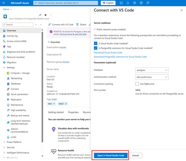 Captura de tela do portal do Azure mostrando uma instância do Banco de Dados do Azure para PostgreSQL com o painel Conectar com o Visual Studio Code. O botão abrir no Visual Studio Code está realçado.