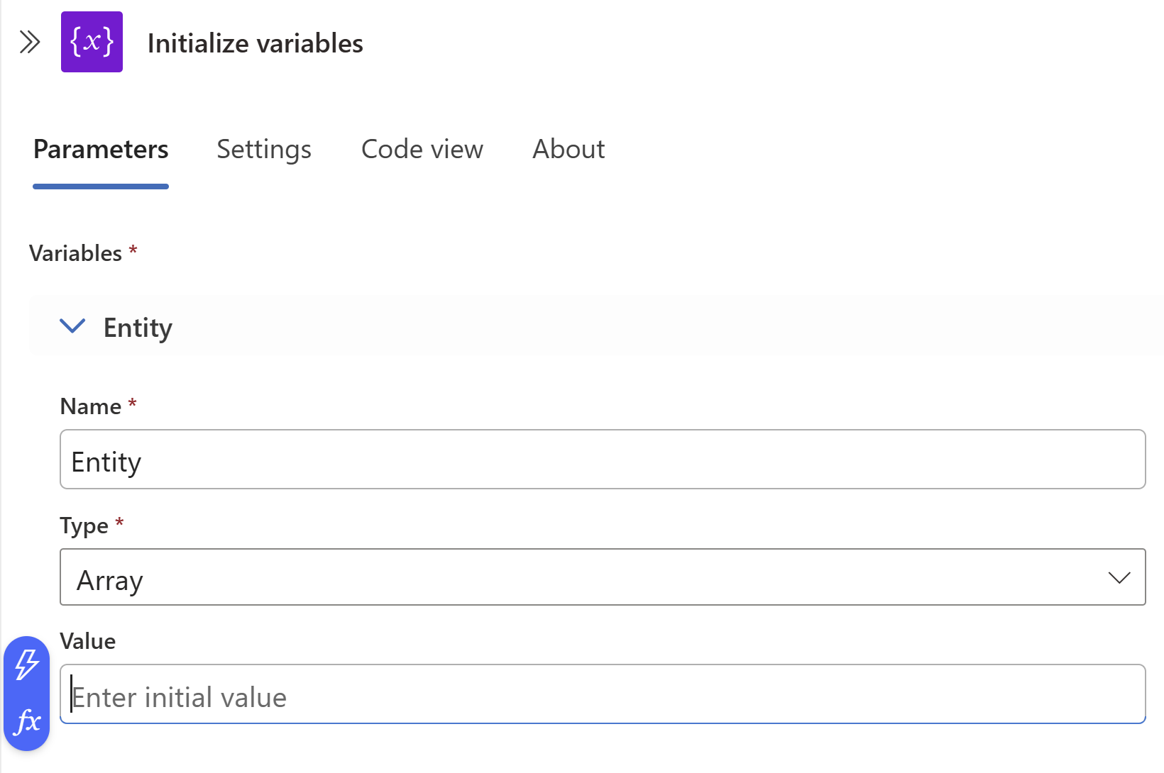 Captura de tela da inicialização de uma variável no designer de aplicativo lógico.