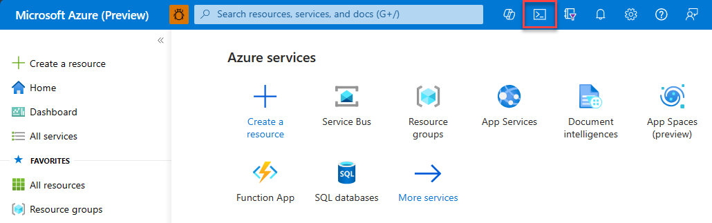 Screenshot do acesso à Azure Developer CLI a partir do Cloud Shell no portal Azure.