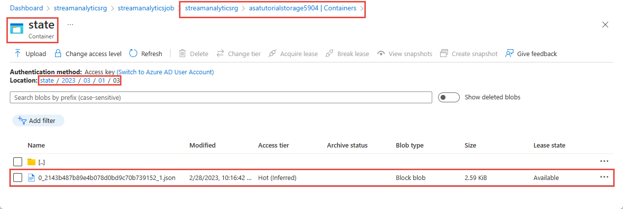 Captura de tela mostrando o arquivo de saída no Estado do contêiner de blob.