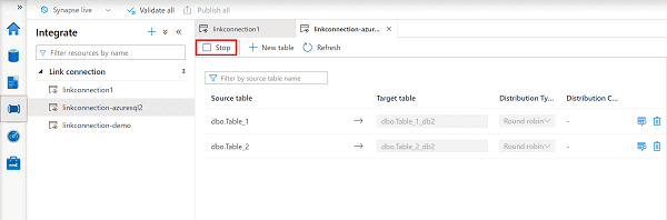 Captura de tela do painel para interromper uma conexão de vínculo.