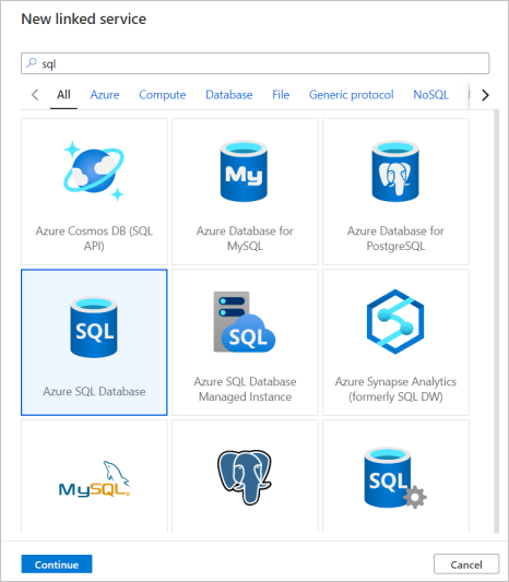 Criar um novo serviço vinculado do Banco de Dados SQL do Azure