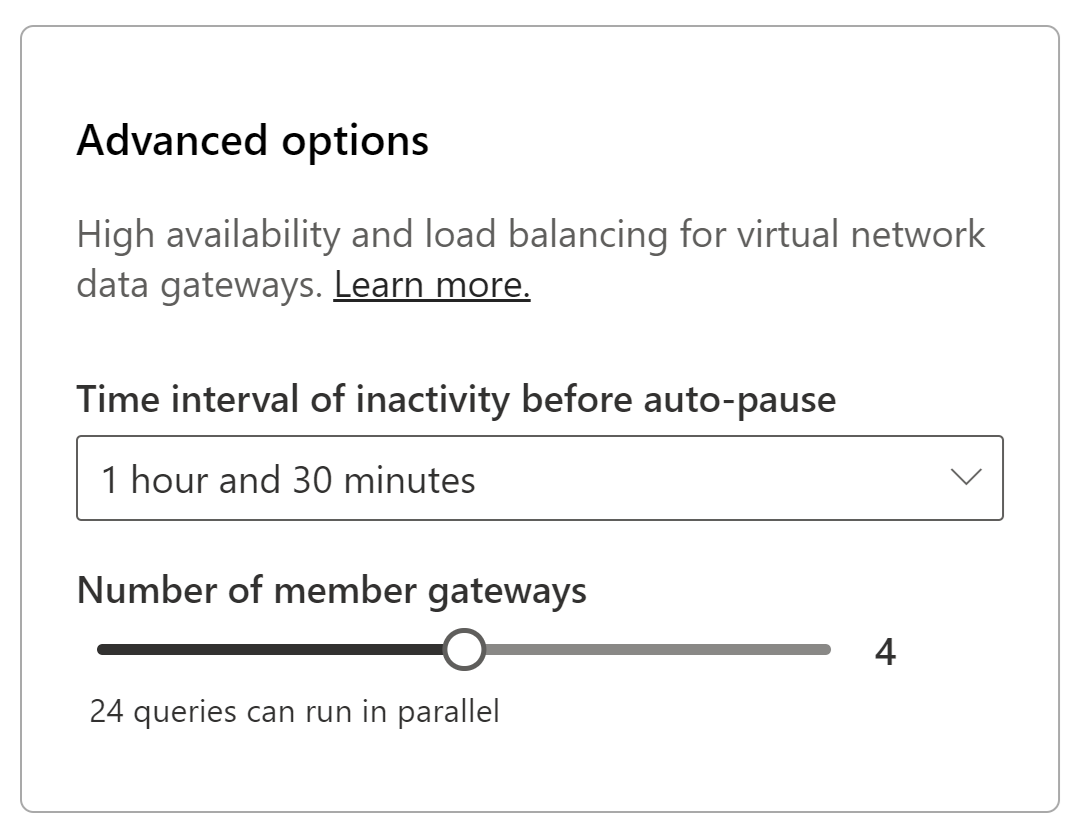 Captura de tela das opções avançadas do gateway de VNet, com o intervalo de tempo definido como 1 hora e 30 minutos e o número de gateways definido como 4.