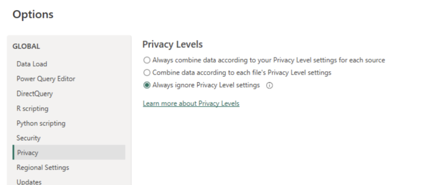 Captura de ecrã a mostrar as definições de privacidade do Power BI