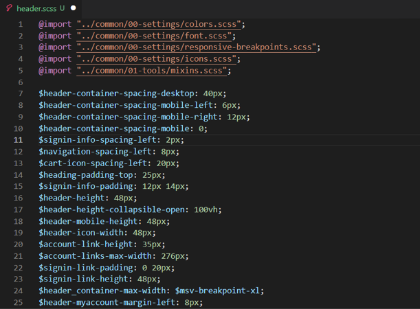 Screenshot of a header.scss file example.