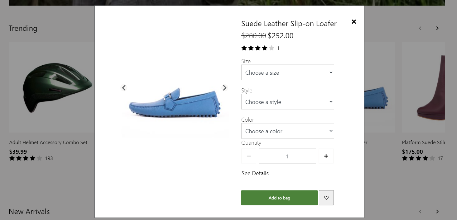 Captura de tela de um módulo de exibição rápida em uma página de lista de produtos.