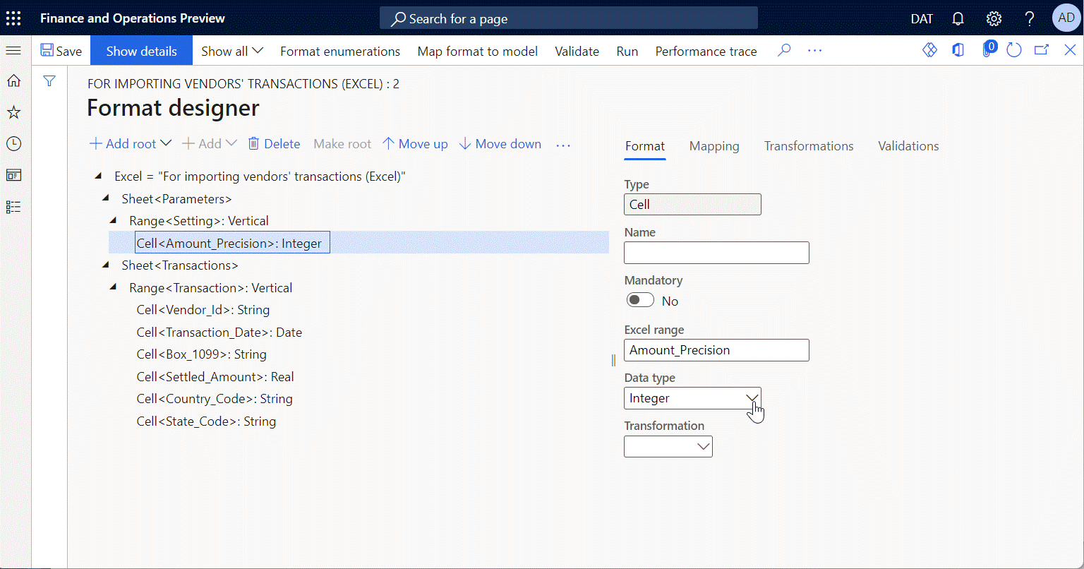 Screenshot of using cells' data type for format fields' binding to data model fields on the Model mapping designer page.