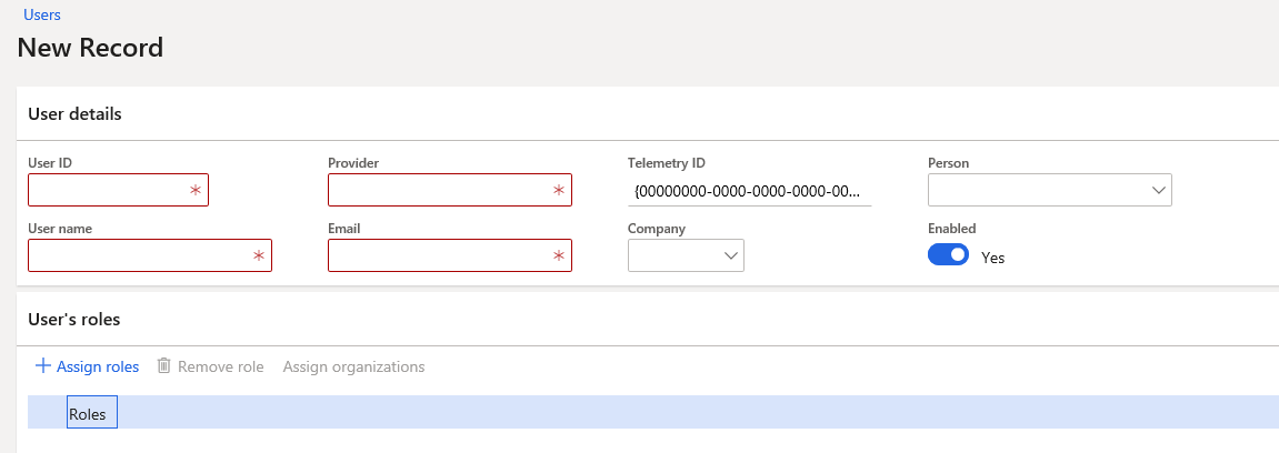 Screenshot of the new user record form with fields filled in.