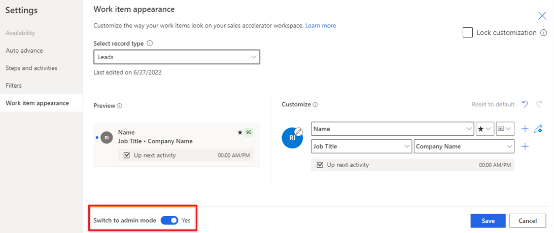 Captura de tela da página Configurações de aparência do item trabalho, com Alternar para o modo de administrador e personalização de bloqueio realçado.