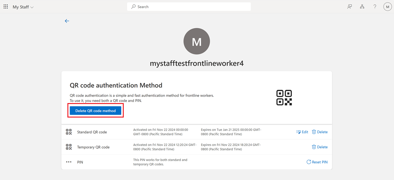 Captura de tela que mostra como excluir o método de autenticação de código QR em Minha Equipe.