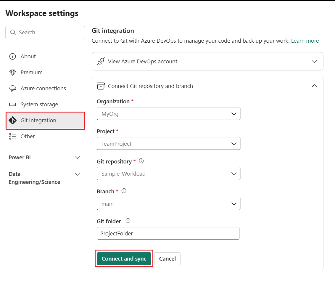 Captura de tela das configurações do workspace da janela de integração do Git com o workspace conectado à ramificação principal do repositório.