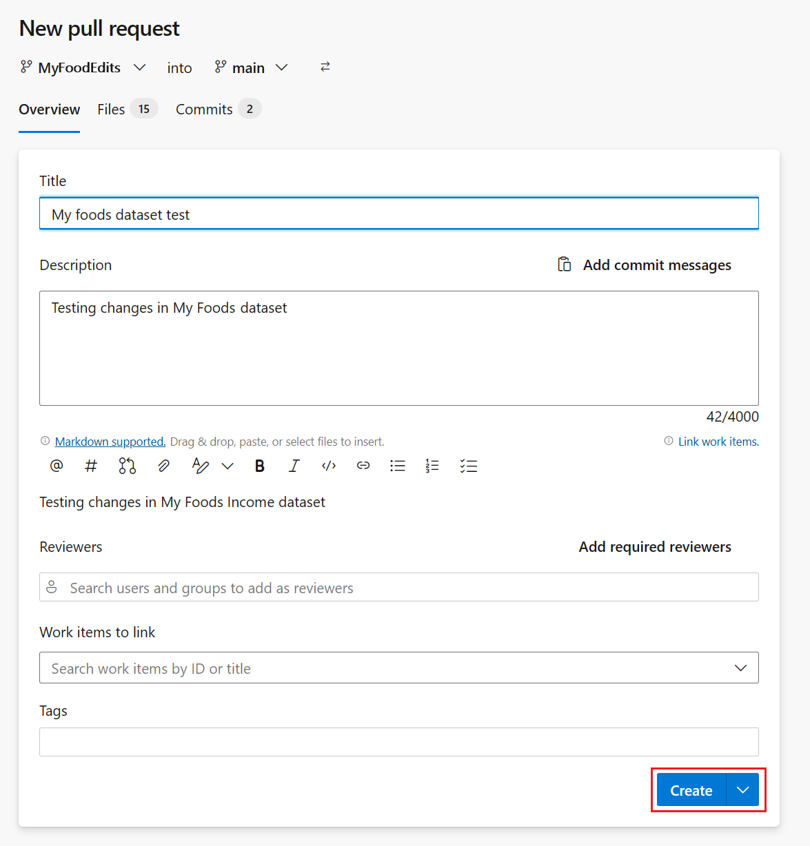 Captura de tela do nome do pull request e adição de descrição.