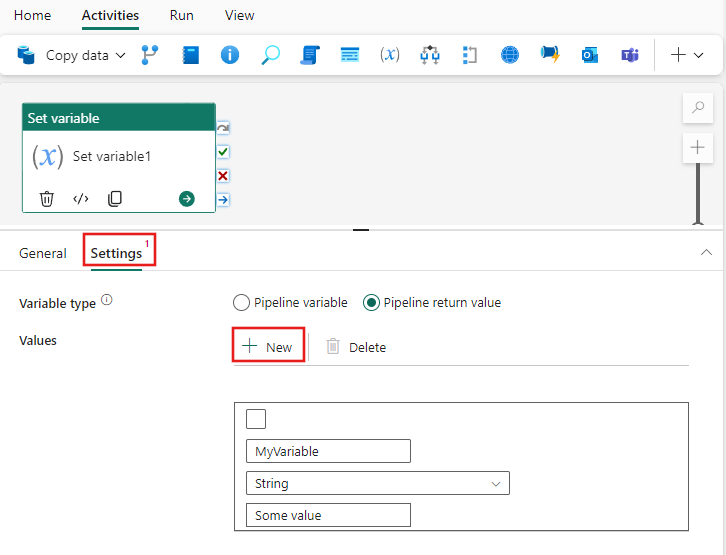Captura de tela mostrando a guia de Configurações da atividade 'Adicionar variável', realçando a guia.