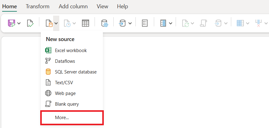 Captura de tela mostrando o menu Fluxo de dados com o botão Obter dados realçado e o Mais... opção realçada em seu menu.