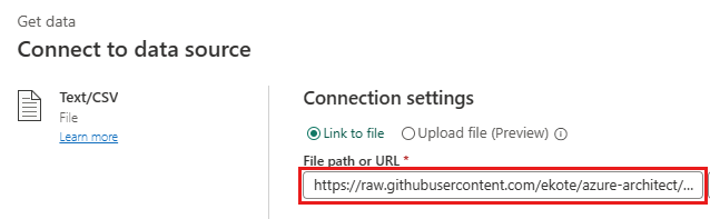 Captura de tela mostrando as configurações de Texto/CSV para a conexão.