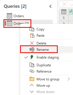 Captura de tela mostrando a função renomear consulta.