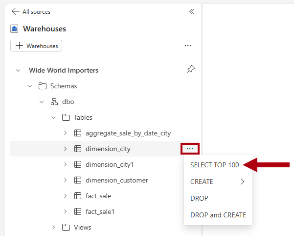 Captura de tela do painel Explorer, realçando a seleção da opção SELECT TOP 100.