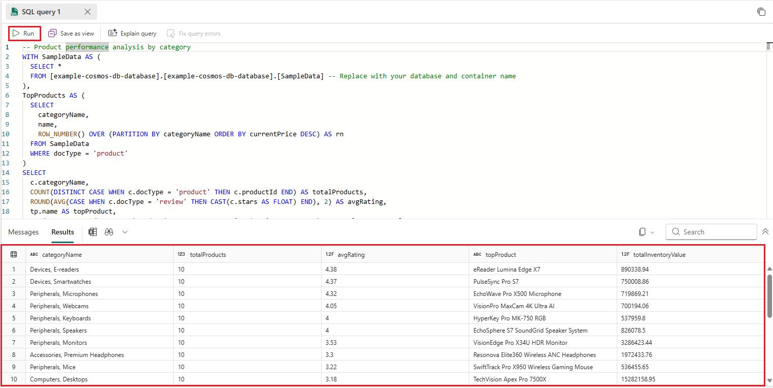 Captura de tela da consulta T-SQL (Transact SQL) avançada usando o editor de consultas no ponto de extremidade de análise do SQL para um cenário avançado.