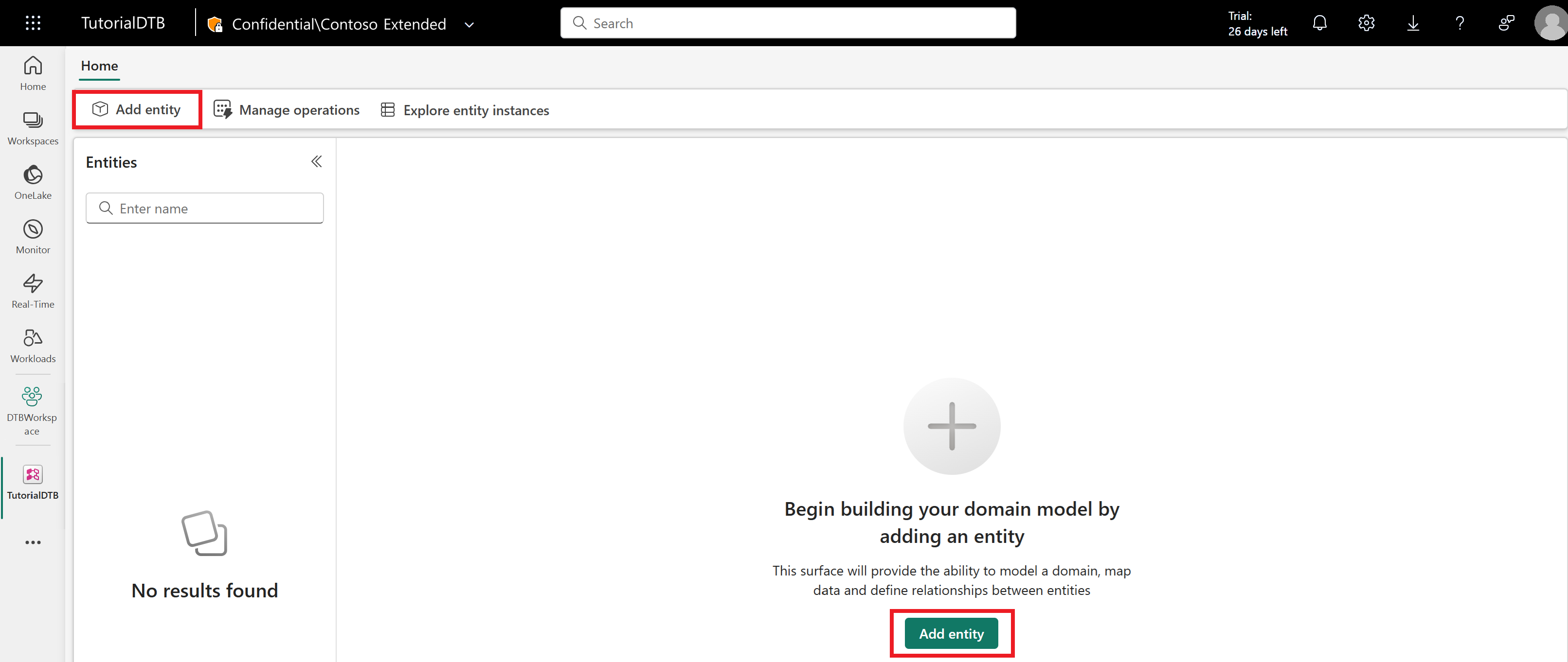 Captura de tela do botão Adicionar entidade.