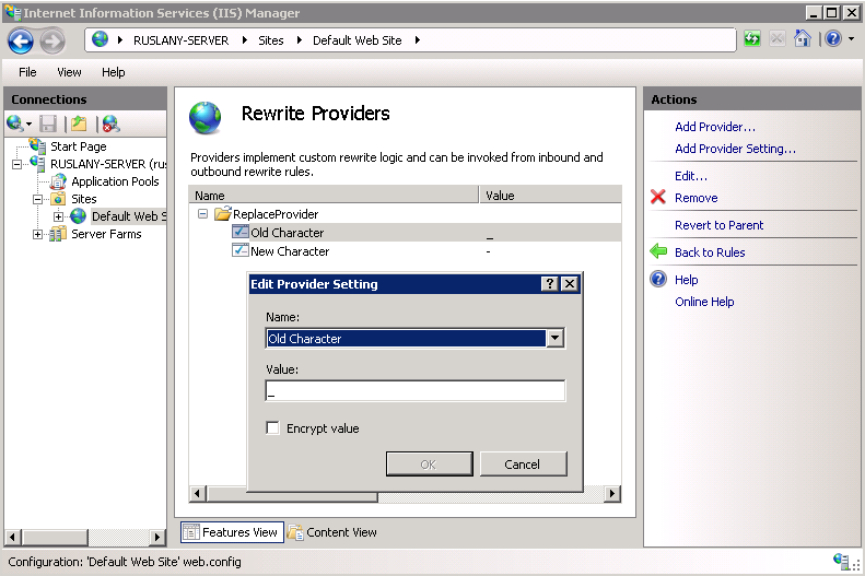 Captura de tela da interface Configuração de Edição do Provedor na seção Reescrever Provedores do Gerenciador do IIS.