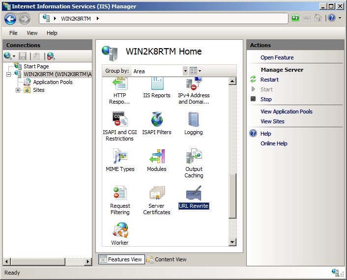 Captura de tela da página inicial do WIN 2 K8 R T M. O ícone de Reescrita de URL está realçado.