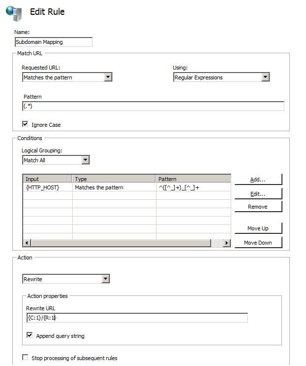 Captura de tela da página Editar Regra. Todas as colunas Entrada, Tipo e Padrão têm texto.