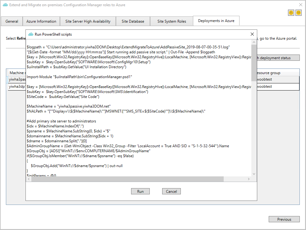 Implementar funções de site ao executar o script do PowerShell gerado