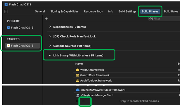 Captura de ecrã que mostra como remover arquiteturas em Ligar Binário com Bibliotecas no Xcode num dispositivo macOS.