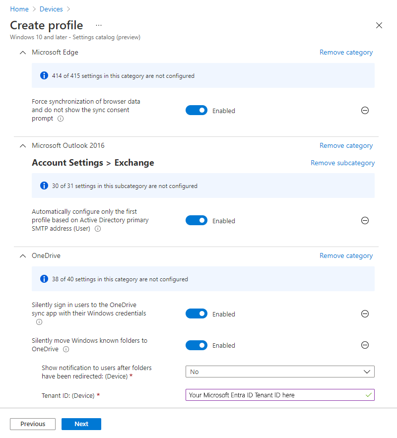 Captura de ecrã a mostrar um exemplo de um perfil de catálogo de definições no Microsoft Intune.
