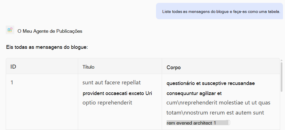 Uma captura de ecrã de uma resposta de um agente declarativo com base em novas operações GET