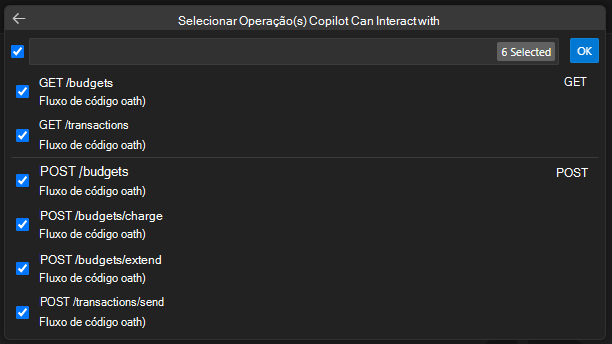 IU do Toolkit de Agentes para selecionar operações