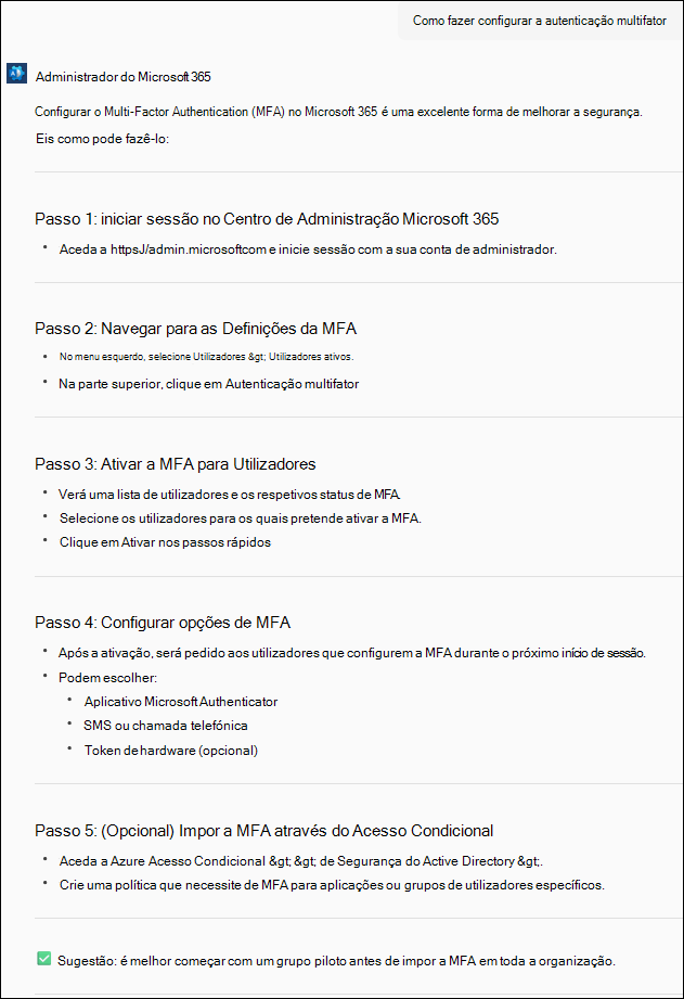 Captura de ecrã: prompt do Copilot e página de resposta a mostrar a pergunta: Como fazer configurar a autenticação multifator?