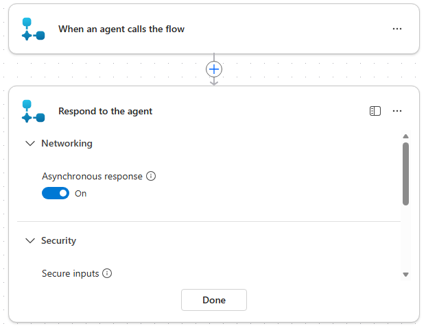 Captura de tela do painel de configurações da ação Responder ao agente com a alternância Resposta assíncrona definida como Ativado.