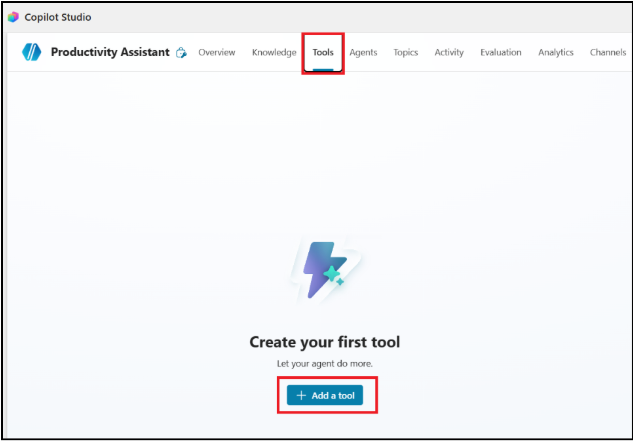 Exibe a página Criar sua primeira ferramenta no Copilot Studio
