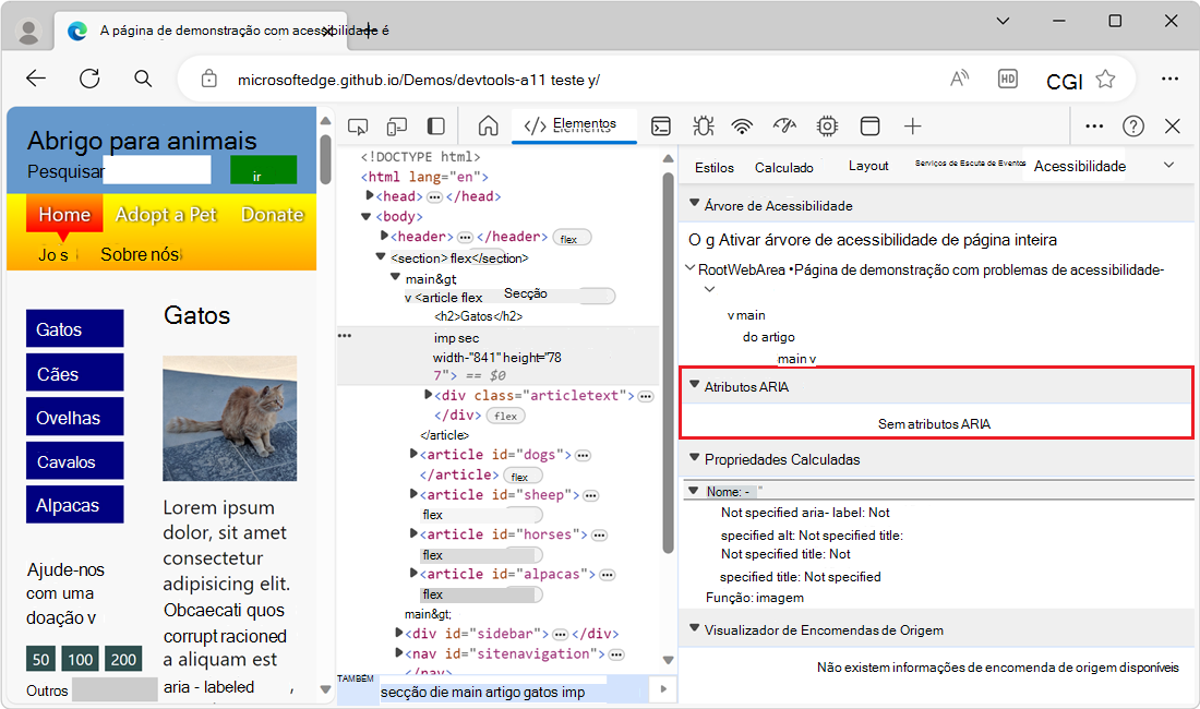 A secção Atributos ARIA