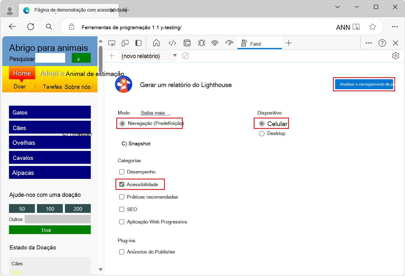 As opções de configuração a utilizar
